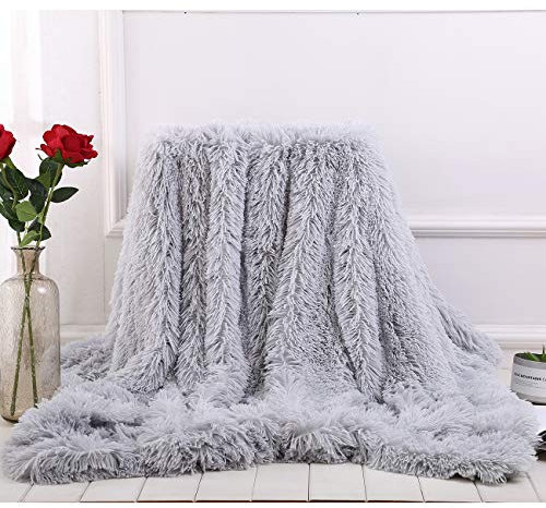 Flauschig Weich Lang Plüsch Kuscheldecke Samt Doppelte Dick Decke Plüschdecke Multifunktional Hintergrund Dekorative Drinnen Decken TV Decke (Grau, 130 * 160cm)