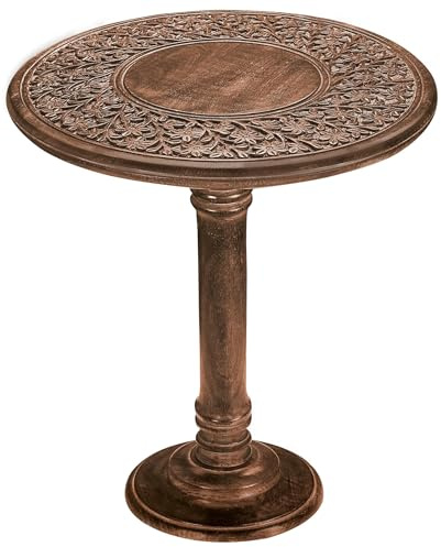 Wooden End Table for Living Room - 18x22 Burnt Finish Carved Side Table, Single Pillar Nightstand, Bedside Table for Books, Plants, Magazines, Small Space Accent Table