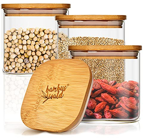 bambuswald© Barattolo con Coperchio Ermetico in 100% Bambù Ecologico, Vasetto di Vetro Ideale per Spezie, Erbe Aromatiche, Caffè, Tè, Provviste, Müsli, Pasta, Lavabile in Lavastoviglie, 700 ml
