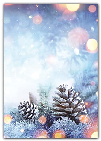 25 Blatt Winter Motivpapier Briefpapier (Weihnachten-5252, DIN A4) wunderschöne Tannzweige im Schnee bei Sonnenschein mit Zapfen
