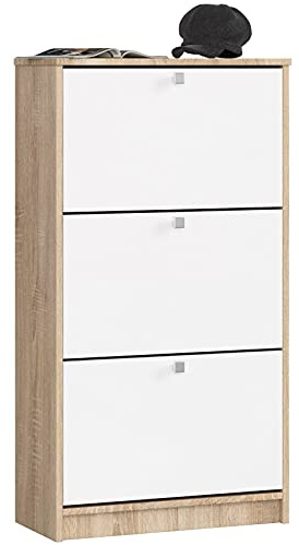 AKORD Schuhschrank mit 3 Schuhkippern | Schuhkipper | Schuhregal geschlossen | Schuhbank | Schuhaufbewahrung | B60 x H113 x T28,5 cm, Gewicht 29 kg | Farbe Sonoma Eiche/Weiß