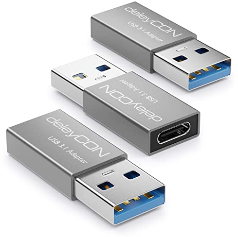 deleyCON USB C Adapter 3.0, 3 Stück, 5Gbit/s, C auf A - Silber | Für Lade-/Datenkabel, Ladegerät, Powerbank, iPhone 17/16/15, iPad, AirPods, Watch, Galaxy S26/S25/S24, PC, Tablet, Notebook