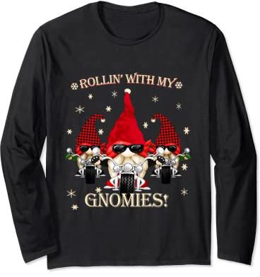 Biker Christmas gnomes Biker Garden Christmas Gnome Elves Long Sleeve T-Shirt