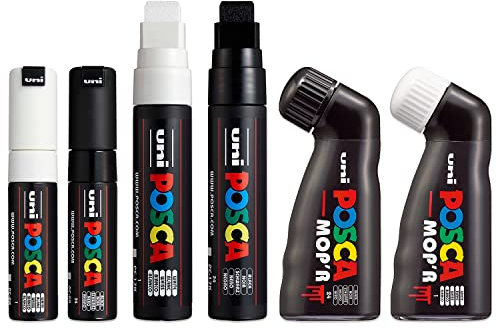 Posca Farbmarker, breite Spitze, MOP'R, PC-17K, PC-8K, Schwarz und Weiß, 6 Stück