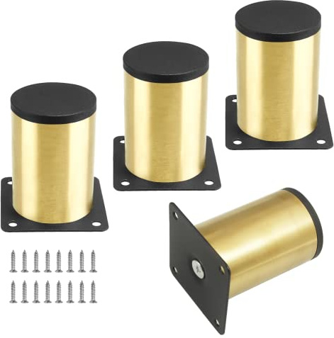 Kyuionty Gold Set of 4 Stainless Steel Furniture Legs 3 Inch/ 80 mm | Round Kitchen Cabinet Legs, Non-Slip Plastic Base, Screws Included, Replacement Legs Fits Sofa Couch Shelves Table
