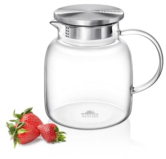 Wilmax - Carafe en verre avec couvercle en acier inoxydable - 1000 ml - pour boissons chaudes ou froides - Carafe à eau en verre borosilicate - Pichet en verre pour thé, jus, lait - Pot en verre
