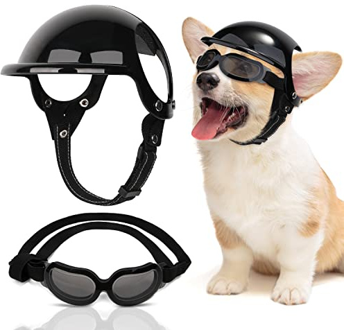 SlowTon Dog Helmet and Goggles - UV Protection Doggy Sunglasses Dog Glasses Pet Motorcycle Helmet Hat with Ear Holes Adjustable Belt Safety Hat for Small Medium Large Dogs Puppy Riding (Black, S)