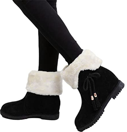 Osheoiso Bottes Femme Mode Chaussures Bottes de Neige Hiver avec Fourrure à Talons Plats Chaude Boots Plates Chaussures Bottines Bottes Antidérapant Pas Cher A Noir 39 EU