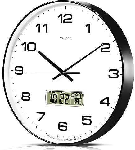 TIMESS 14-Inch Non-Ticking Analog Wall Clock with LCD Display, Black