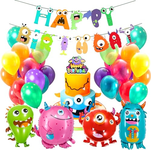 Happy Birthday Monster Party Geburtstag Deko | Kindergeburtstag Deko Geburstag Tortendeko Girlande Folienballon Party Deko Birthday Decorations