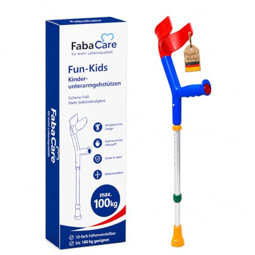 FabaCare Krücke für Kinder, Unterarmgehstütze, Gehhilfe höhenverstellbar, leichte Gehstütze, Kinderkrücke bis 100 kg, Blau Bunt