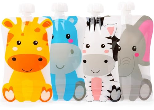 HOMYBABY® [4 Stück] Wiederverwendbare Beutel für Babynahrung – Quetschbeutel mit lustigen Tiermotiven – Nachfüllbare Obst- & Breibeutel für Babys und Kleinkinder + EBOOK