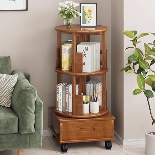 INEOUT Drehbares Bücherregal, Drehbarer Bücherregalturm, Schmales Bücherregal Aus Holz Um 360 Grad Ohne Tote Winkelanzeige, Kann für Schlafzimmer und Wohnzimmer Verwendet Werden