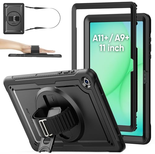SEYMAC stock Hülle für Samsung Galaxy Tab A11+ Plus/A9+ Plus 11 2025/2022 | Schwarz,Kratzfest Rundumschutz,Displayschutzfolie, 360° Drehbarer Ständer/Handschlaufe,Schultergurt,Stifthalter