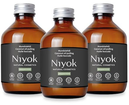 Niyok® Mundziehöl aus Bio Kokosöl Pfefferminze (3x200ml) • Mundspülung mit ätherischen Ölen • Bio Kokos Ölziehkur gegen Karies, Zahnstein & Mundgeruch • Veganes Zahnöl für Ölziehen