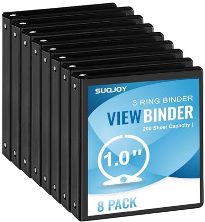 SUQJOY 1-inch 3-Ring Binder, 1 Round Ring Binder with 2 Inside Pockets, 8 Pack Black Binders, Clear View Cover, Holds 8.5'' x 11''Paper for Office/Home/Back to School