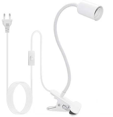 Lampara con Pinza,Portalámpara E27 con Clip,Cuello de Cisne Ajustable 360° Lámpara Lectura Pinza flexo pinza con Interruptor y Enchufe (Blanco Sin Bombilla)