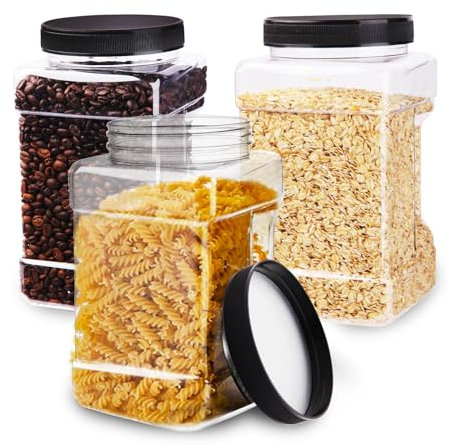 Wideotng 3 tarros de plástico cuadrados transparentes de 99 onzas, tarros de almacenamiento de plástico de boca ancha con tapas, recipientes grandes herméticos para almacenamiento de alimentos para