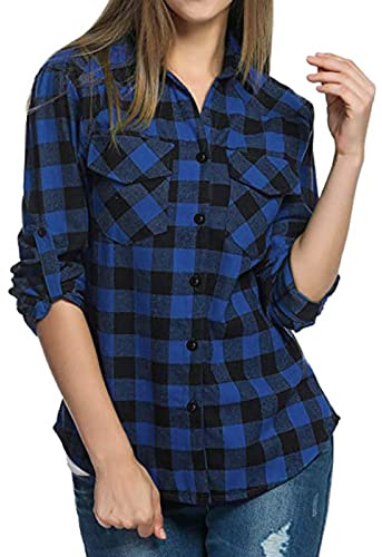 Yekdmxop Camicia Donna Elegante a Quadri in Cotone Blusa Maniche Lunghe Camicetta Scozzese con Bottoni Camicie Flanella Classico Country Shirts Casual Top Maglietta Stile Boyfriend