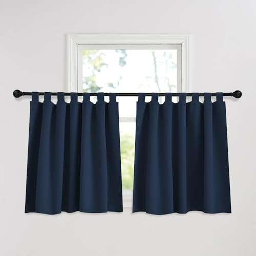 PONY DANCE Blickdichte Scheibengardinen Dunkelblau Schlaufenschal 2er Set | Kurz, H90 x B140 cm, Hitzeschutz, Sichtschutz, UV-Schutz, für Schlafzimmer, Wohnzimmer, Abdunkelnd, Schlaufengardinen