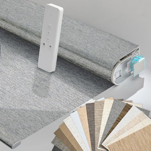 Persilux Smart Motorized Blinds with Remote, No Drill Automatic Roller Shades for Indoor Windows, Light Filtering Linen Fabric, Electric Blinds for Windows, Linen Grey C156-5, Custom Size