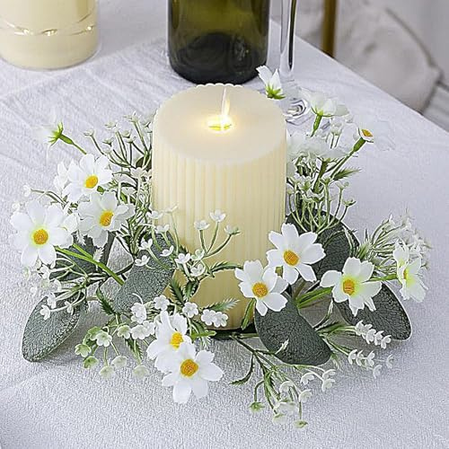 Lebensechte Kerzenringe Kränze, Thanksgiving Kerzenkranz, lebensechte Kerzenringe Kränze, kleine Gänseblümchen Girlande, Herbstlicher Erntekranz für Esstisch, Wand, Türgriff (Weiß,2 Stück)