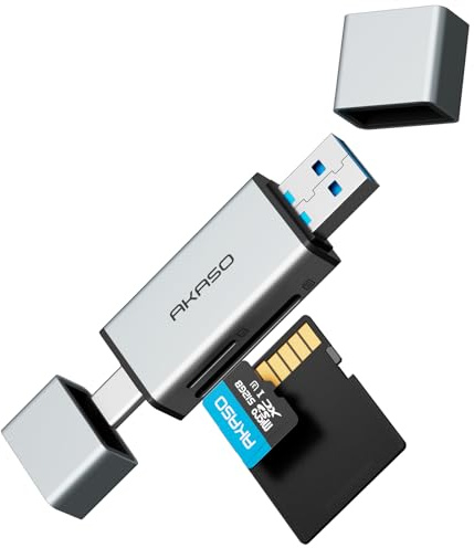 AKASO Lector de Tarjetas SD/Micro SD 3 en 1, Adaptador de Lector de Tarjetas de Memoria USB C y USB 3.0 Card Reader Tipo C Dual Conector, Compatible con Smartphone/Tablet/Computadora/Portátil/Cámara