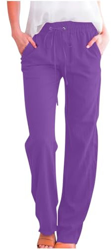 Generisch Damen Hosen Leinenhose Mode Sommerhose Leinen Cargohose Leichte Teenager Mädchen Jogginghose Bequeme Arbeitshose Sweathose Boulderhose Weite Boho Hose Lila S