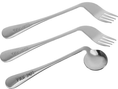 MUCKLILY Cuillère Coudée Et Fourchette Incurvée Acier Inoxydable Pour Personnes Âgées Et Patients Ustensiles Auto-alimentés Avec Design Ergonomique