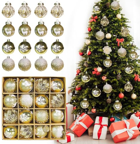 Juego de 16 Bolas de Navidad de Plástico de 6 cm, Bolas de Navidad Personalizadas, Color Oro y Blanco, Decoración Navideña para Exterior e Interior