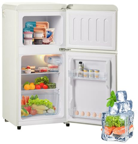 Merax Retro Kühlschrank, 60L Mini-Kühlschrank mit Gefrierschrank,Kühl-Gefrierkombination,22 Liter Gefrierfach, 38 Liter Kühlfach,102 kWh/Jahr, LED-Beleuchtung, cremeweiß