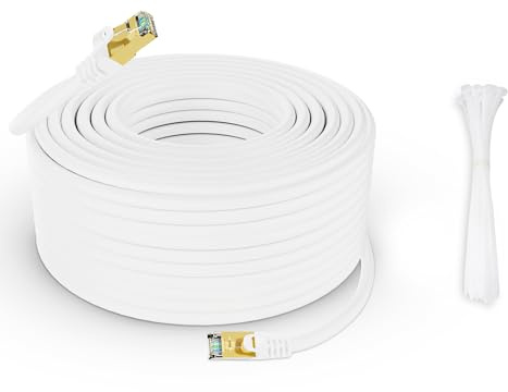 Werkybay 100 m Ethernet Cat 7-kabel, 100 Gbit/s, 600 MHz (höghastighets LAN/Internet, S/FTP) RJ45 patchkablar/vattentät vit för router, modem, PC, server etc. + 25 buntband