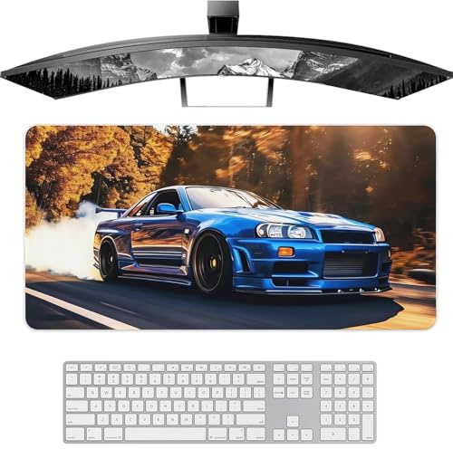 ANMOGID Car Mouse Pad Blue JDM R34 Drift Sport Gaming Mat, 23.6 X 11.8 Non-Slip Rubber Base Keyboard Desk Accessory for Laptop Office