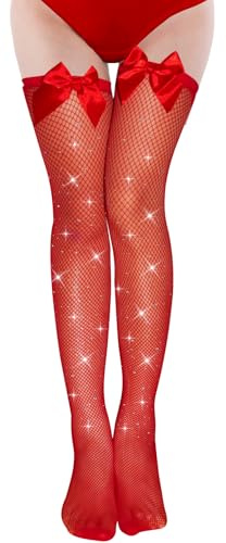 AIEDECOPT Overknees Netzstrümpfe für Damen, Glitzer Strass Fischnetz Halterlose Strümpfe mit Schleife, Sexy Oberschenkel Hohe Strumpfe Kostüm Accessoire für Weihnachten Karneval Valentinstag (Rot)