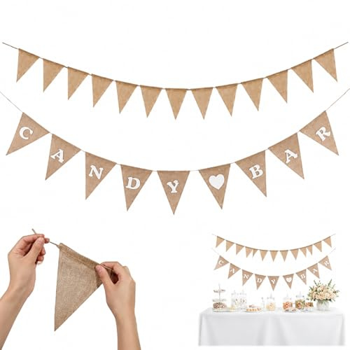 Guirnalda Candy Bar de Yute, 2 Piezas con 13 Banderines Lisos y Banner CANDYBAR de 13 x 17 cm, Decoracion Rustica para Boda, Cumpleanos, Bautizo, Buffet, Jardin y Fiesta