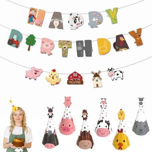 Decoración de Cumpleaños con Tema de Granja, Set con Banner Happy Birthday, Guirnalda de Animales de Granja y 6 Gorros de Fiesta para Niño y Niña