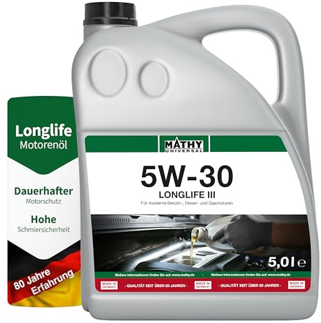 MATHY Motoröl SAE 5W-30 Longlife III, 5 Liter, HC-Synthese-Motor-Öl | Hochleistungs-Motorenöl für Benzin- und Dieselmotor, Leichtlauf-Öl, Hält Motor & Abgasnachbehandlungssysteme sauber
