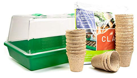 mgc24 Zimmergewächshaus Greenhouse Anzuchtset - Anzuchtschale mit Deckel und Belüftung - Komplettset mit 24 Torftöpfen + 2,5l Anzuchterde