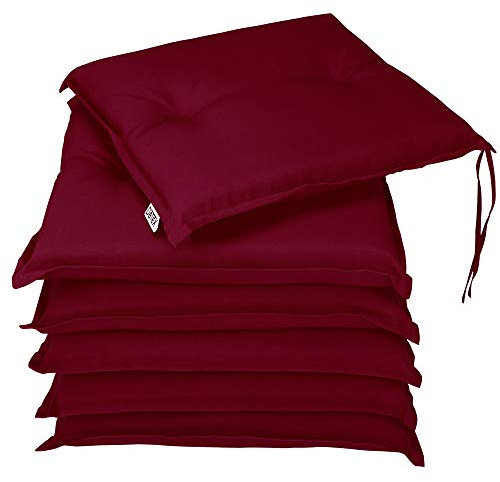 Detex® Sitzkissen Stuhl 6er Set Wasserabweisend 43x49cm Befestigungsriemen Waschbar Reißfest Stuhlkissen Sitzauflage Sitzpolster Gartenstuhl Dunkelrot