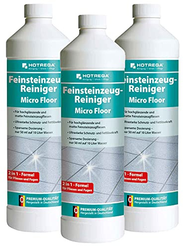 HOTREGA Feinsteinzeug Reiniger Micro Floor 3x 1L | Fliesen Konzentrat | Fettlöser für Fugen & Keramik | Hochglänzend & Matt | Innen- & Außenbereich | Ergiebig bis 3.000 m² | Qualität aus DE