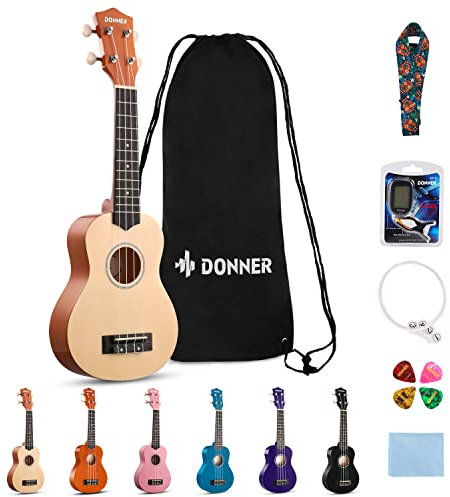 Donner Ukulele für Anfänger Sopran Ukulele Kit 21 Zoll Natur mit Nylon Saiten Hawaii Gitarre