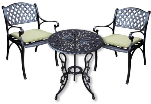 Lazy Susan London Rose Bistrotisch | Rund | 2-Sitzer | wartungsfrei | wetterfest | Sandguss-Aluminium | Antik Bronze | Kate Stühle | grüne Kissen