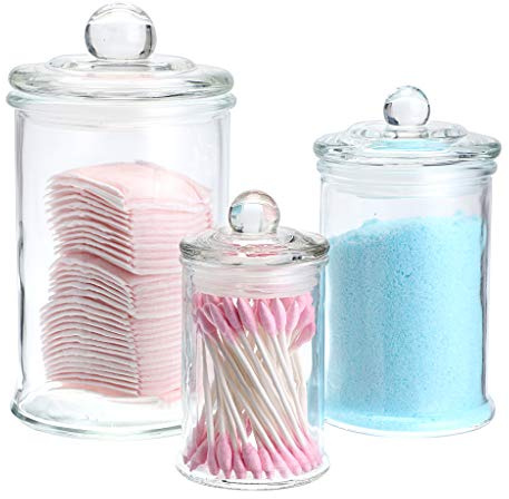 MDLUU Glass Canisters, Apothecary Jars with Airtight Lids, Bathroom Vanity Storage Organizer Containers for Qtip Cotton Swabs, Cotton Balls, Flossers, Bath Salt, Hair Tie, Set of 3