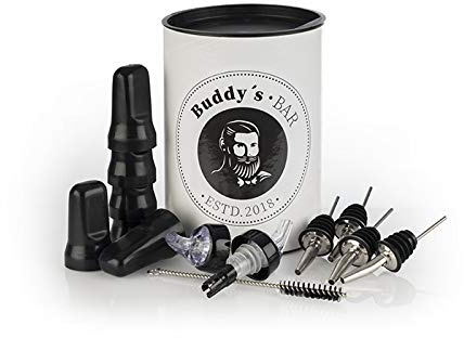 Buddy´s Bar - Ausgießer-Set, 4 Permanent Flaschenausgießer Ø 3 cm, 2 Permanent Ausgießer Ø 4 cm, 6 Stopfen, Dosierer, Ölausgießer, Spirituosenausgießer, 1 Reinigungsbürste