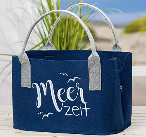 GILDE Filz Einkaufstasche Tasche Filztasche dunkelblau mit Spruch Meerzeit 40x25x26cm