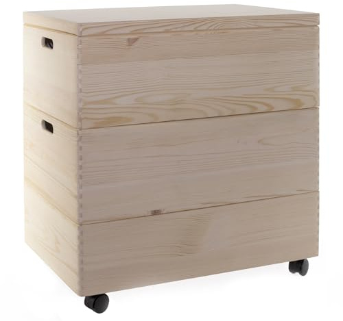 Holzfee Holzkiste Trio Stapelkisten Set 59 x 40 x 60 cm 1 Kiste mit Deckel XL Aufbewahrungsbox (mit Rollen)