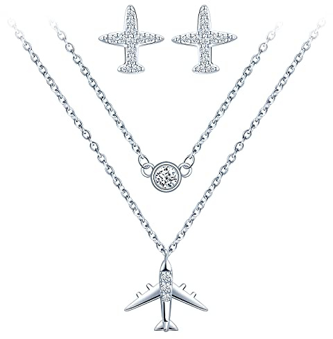 Yumilok-Collar para mujer pendientes de plata S925 de doble capa de piedra con incrustaciones de avión con incrustaciones de circonita modelo de avión, regalos de moda para damas