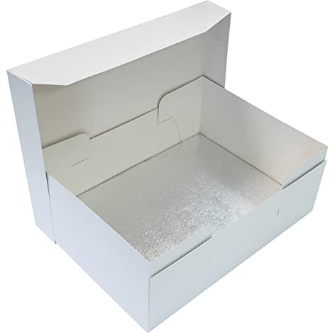 Culpitt 18 x 14 Cake Board & White Cake Box Combo | 5 Pack | Oblong Silver Fern Cake Drum With Matching Box, 0.5'' (13mm) Thick, 457 x 355mm, Rectangular Cake Transport Set - Pack Of 5