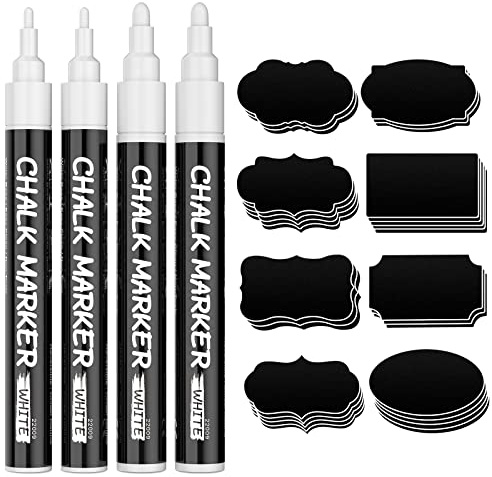 APOGO Lot de 4 marqueurs à craie blancs pour tableau lavable, pointes réversibles 3 mm, 6 mm et 45 étiquettes, crayons de peinture pour fenêtre, peinture de fenêtre pour enfants