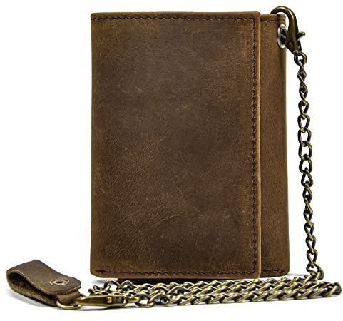 Herren Geldbörse, Männer Leder Geldbeutel mit Kette Dreifach Falte Herren Geldbeutel mit Geldscheinfächer Geldbörse 9 Kartenfächern Portmonee Brieftasche, 6006 braun